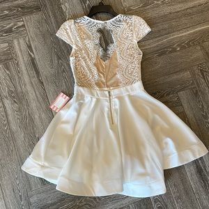 Luxxel White Eyelash Fit Flare Cocktail Engagement Bachelorette Dress Nude Lace